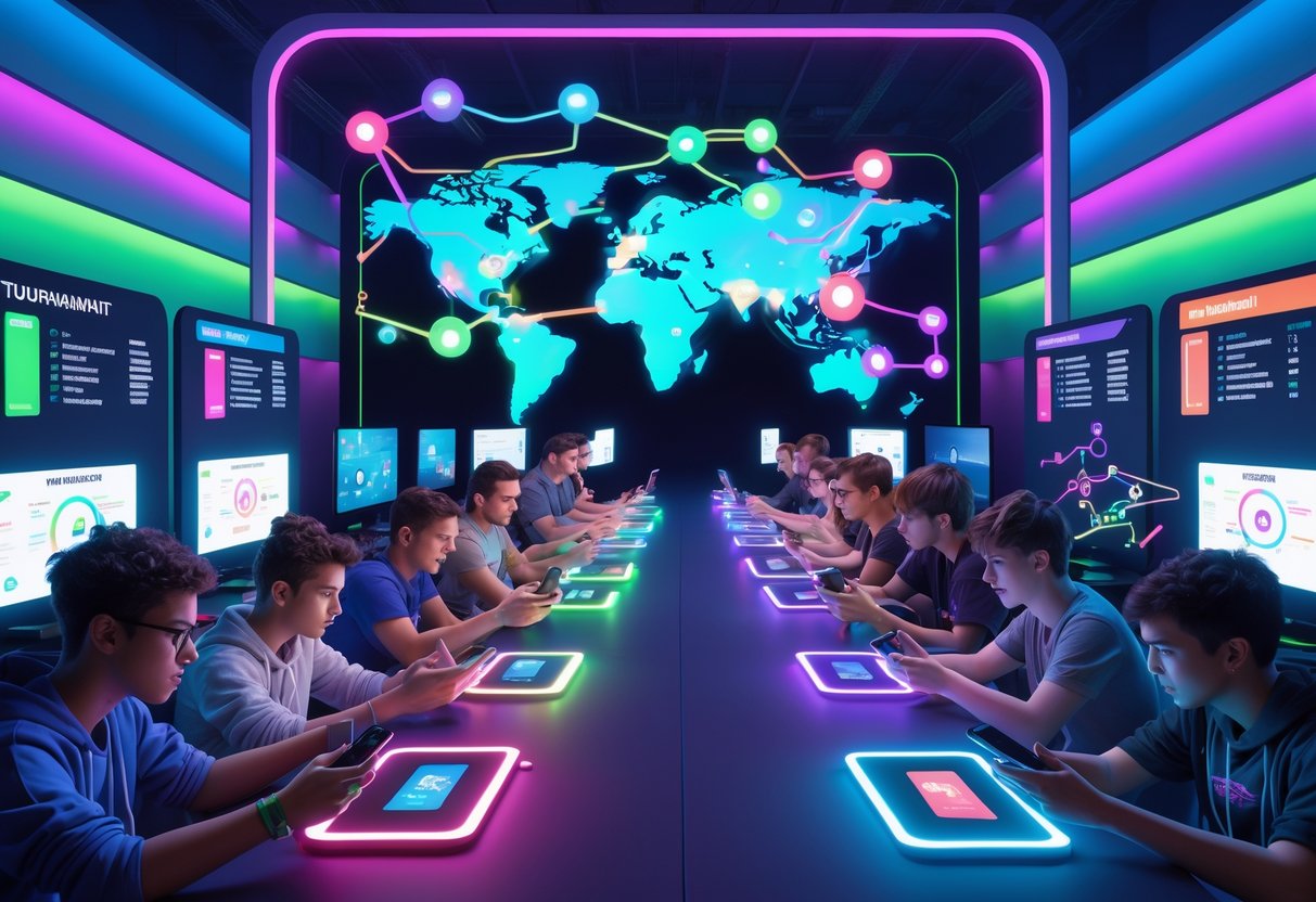 A group of young people playing mobile games together in a bright room with digital screens showing tournament progress and a glowing map of competition routes in the background.