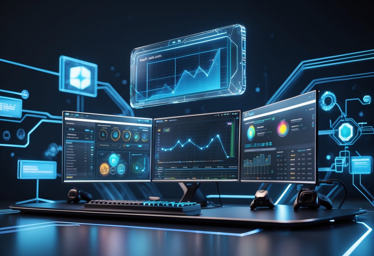 A futuristic gaming setup with holographic interfaces and interconnected digital nodes representing AI coaching tools integrating multiple gaming platforms.