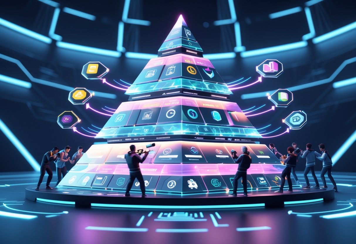 A 3D scene showing a glowing pyramid representing mobile gaming tournament levels with players around it in a digital arena.