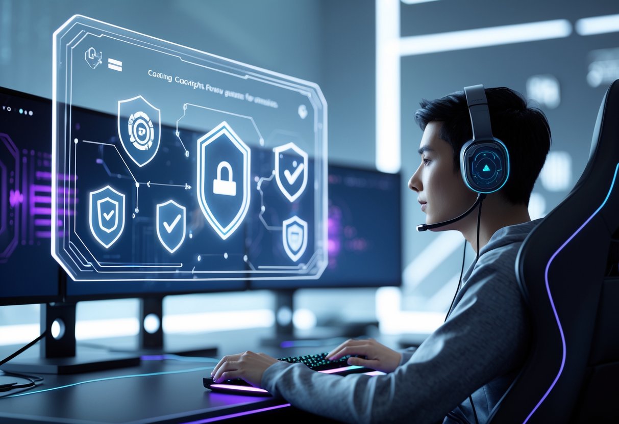 A gamer sitting at a modern gaming setup with holographic icons representing safety, compliance, and fair play floating in front of them.
