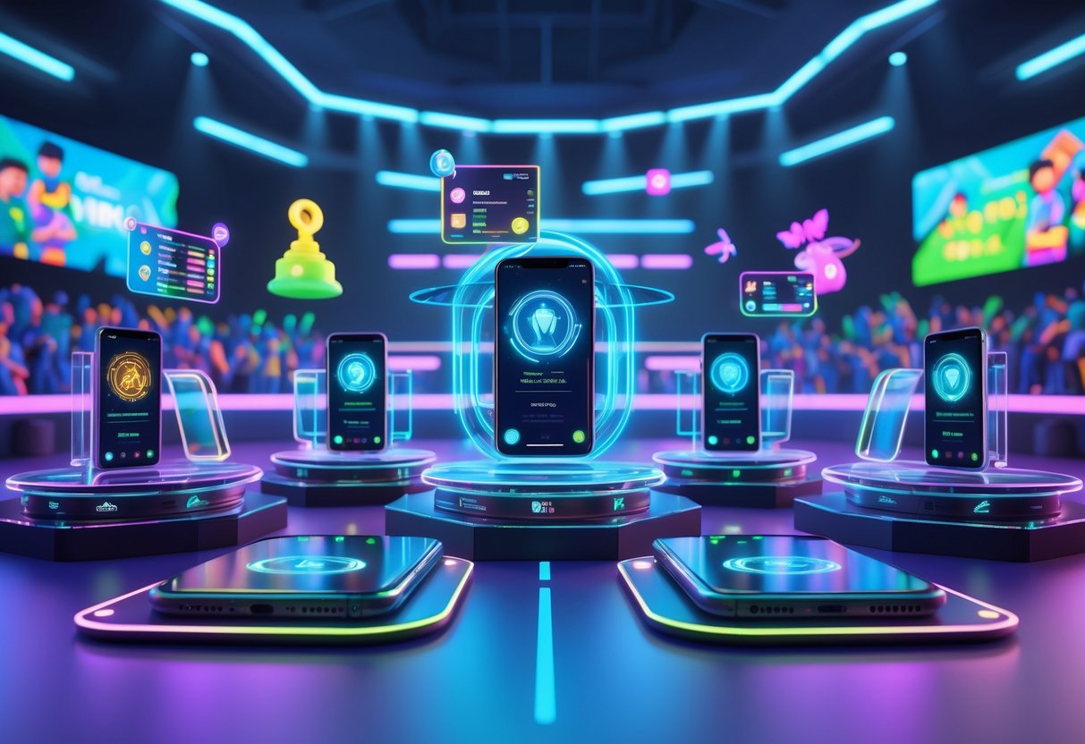 A futuristic mobile gaming tournament scene with smartphones on podiums, holographic displays showing tournament brackets and player avatars, surrounded by digital leaderboards and glowing virtual trophies in a high-tech arena.