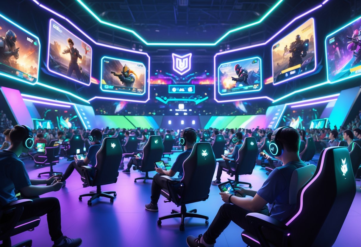 A 3D scene of players competing in a busy esports arena using mobile devices, with glowing screens and a cheering crowd.
