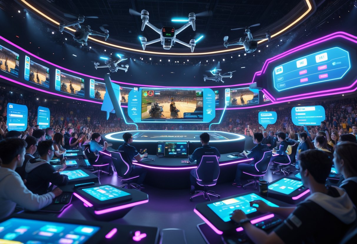 A lively mobile gaming tournament with players competing on stage and fans engaging using their devices, surrounded by large digital screens and colourful lights.