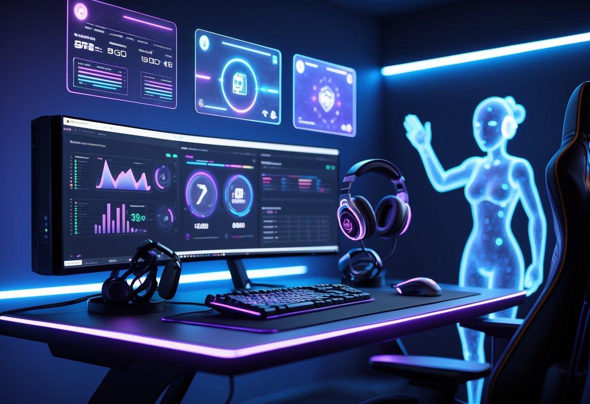 A futuristic gaming setup with holographic displays showing player stats and an AI assistant figure guiding a gamer in a modern gaming room.