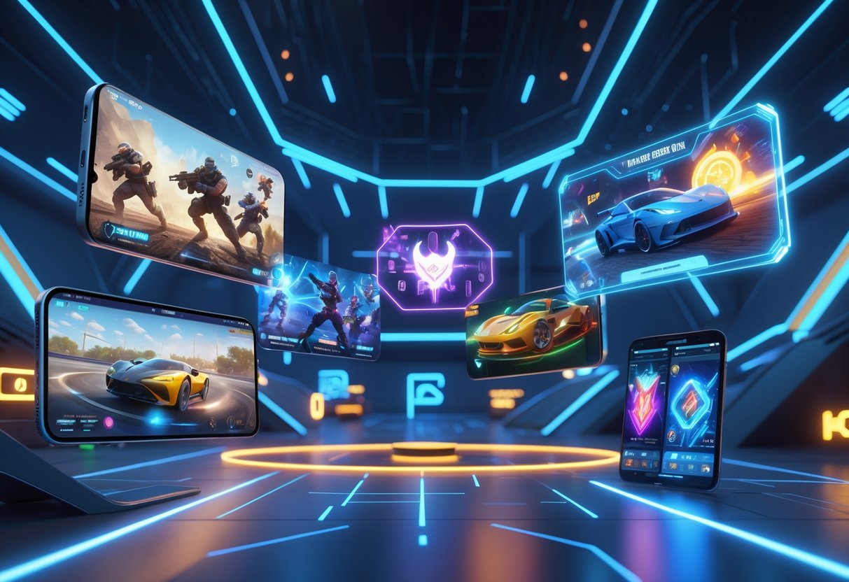A futuristic gaming arena showing different mobile esports game genres with characters and vehicles in action around floating holographic displays and mobile devices.