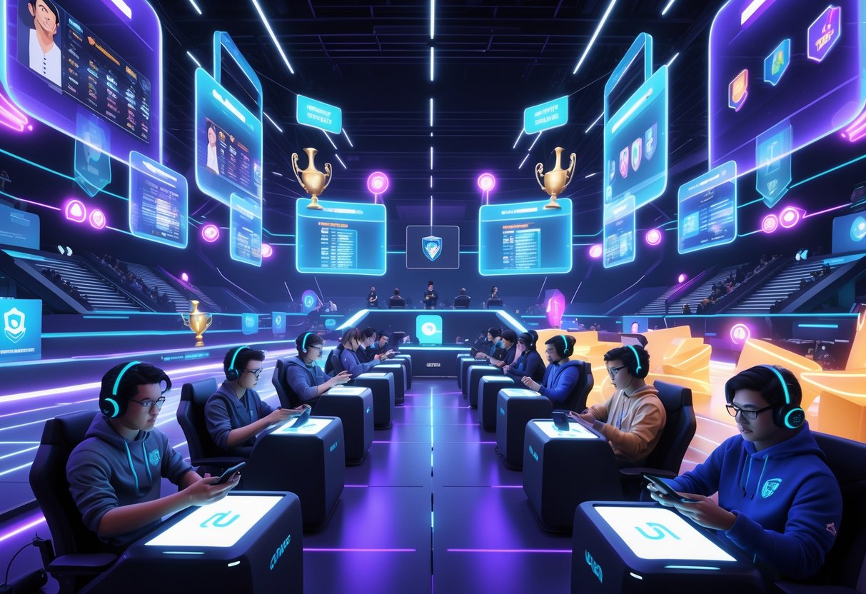 A 3D scene of players competing in a mobile gaming tournament with holographic screens and digital elements in a high-tech arena.