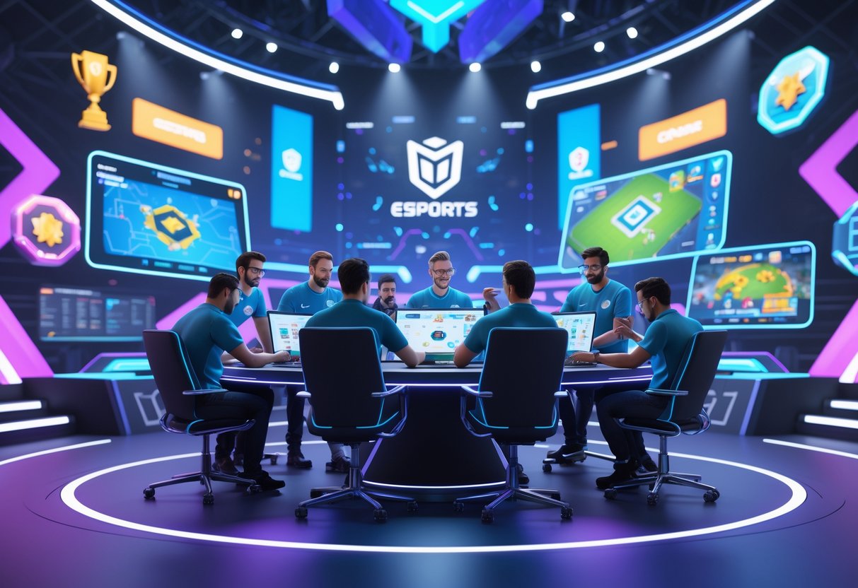A futuristic esports arena with digital avatars of game developers collaborating around a high-tech table surrounded by holograms of mobile esports game elements.