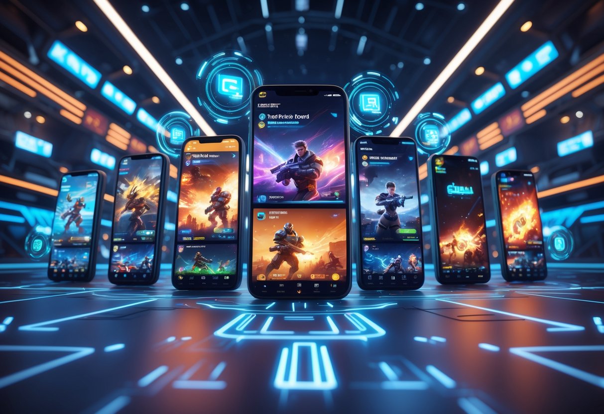 A futuristic esports arena with multiple smartphones displaying intense mobile game action surrounded by digital effects and glowing lights.