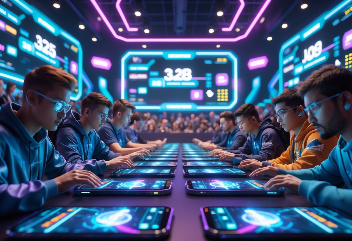 A futuristic mobile esports gaming arena with players focused on smartphones, digital effects, and a crowd watching the competition.