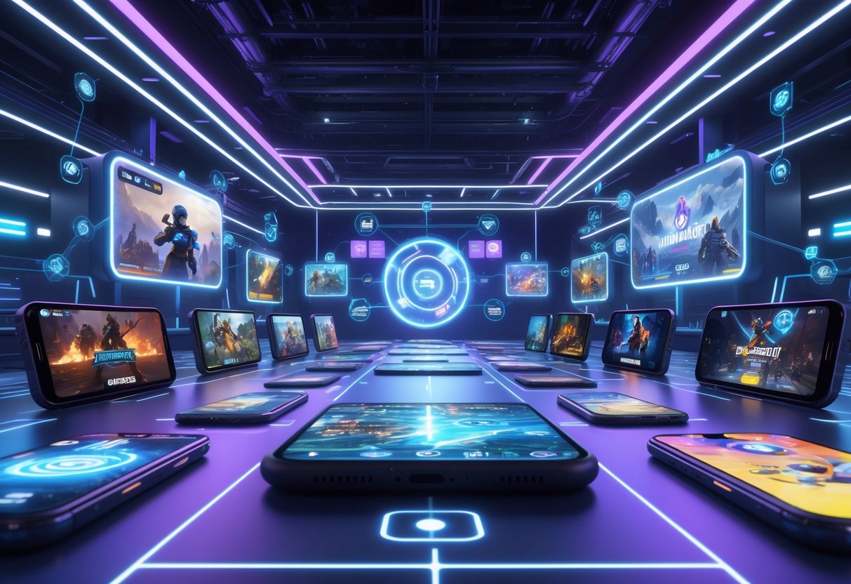 A futuristic digital arena filled with diverse players and spectators connected through holographic interfaces and mobile devices showing intense esports gameplay.