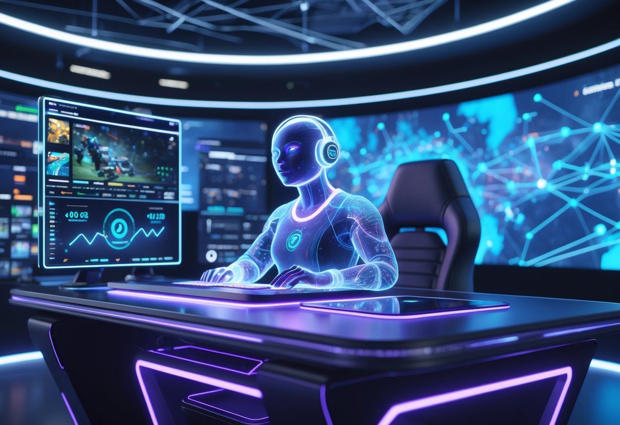 A futuristic esports studio with a glowing AI avatar analysing gameplay using holographic screens and data streams.