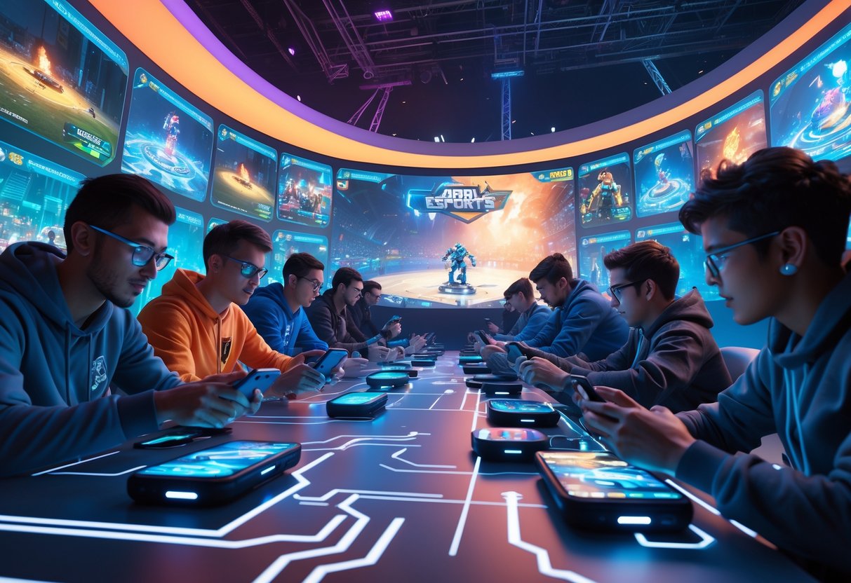 A futuristic gaming arena with players using smartphones surrounded by holographic game visuals and digital interfaces, showing a live esports tournament with a cheering audience.