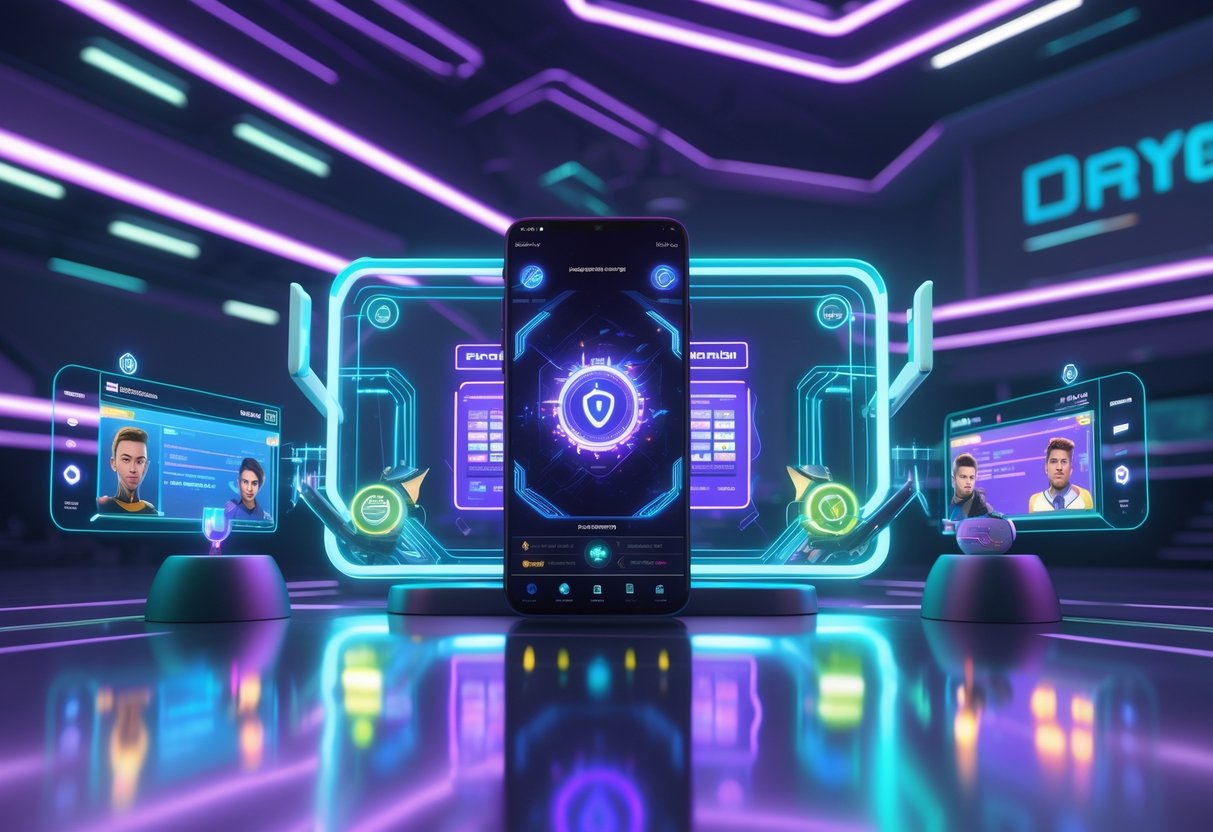 A futuristic gaming setup with a smartphone displaying a vibrant mobile esports game surrounded by holographic leaderboards and digital trophies in a neon-lit arena.