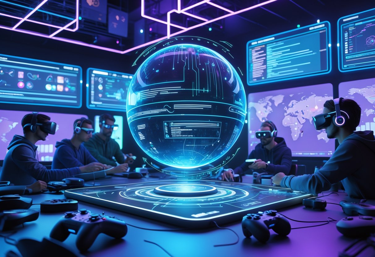 A futuristic game development studio with a glowing AI assistant hologram surrounded by developers interacting with virtual reality equipment and holographic game design elements.