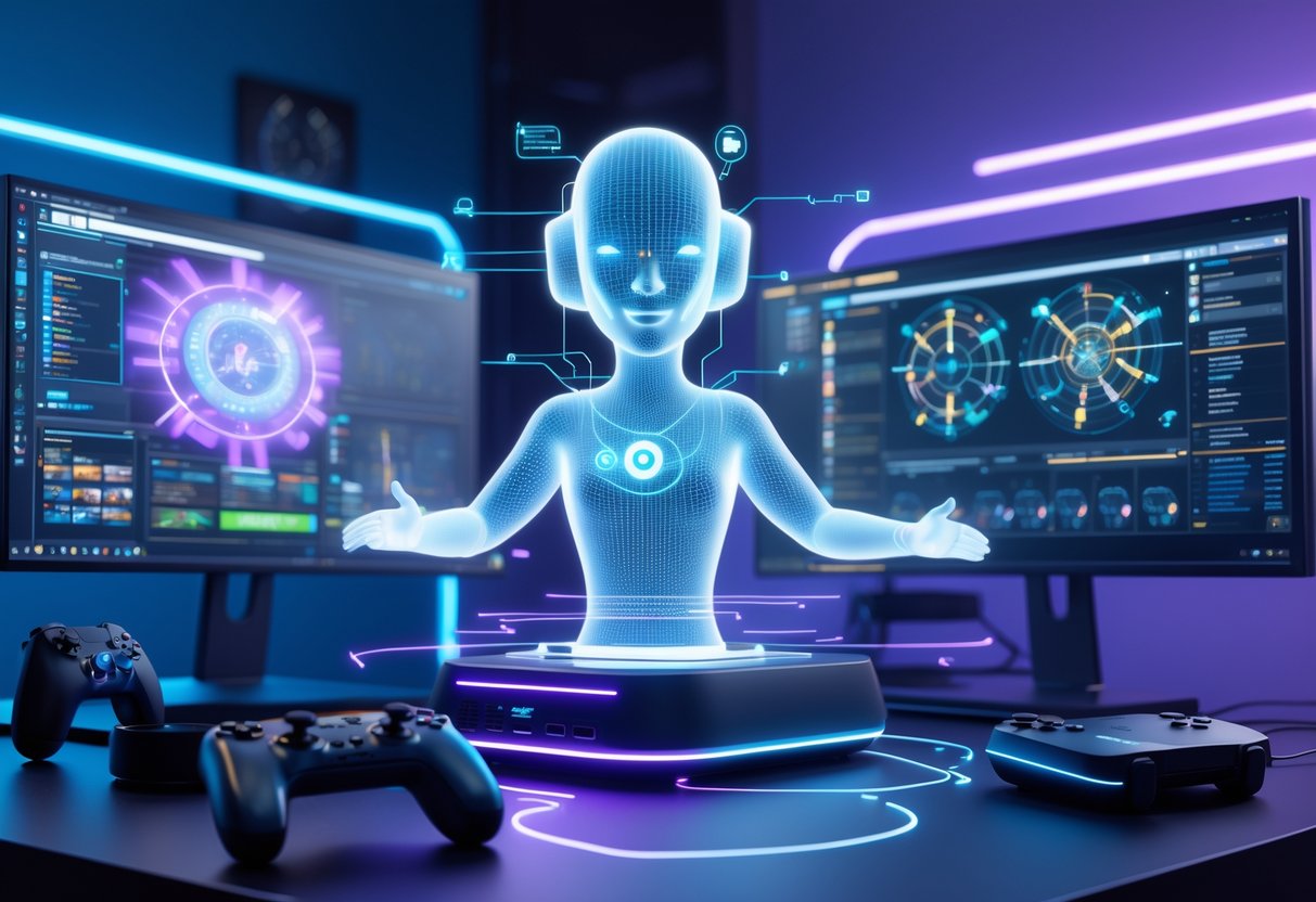 A futuristic gaming room with various gaming devices connected by glowing data streams and a holographic AI figure above a gaming console.