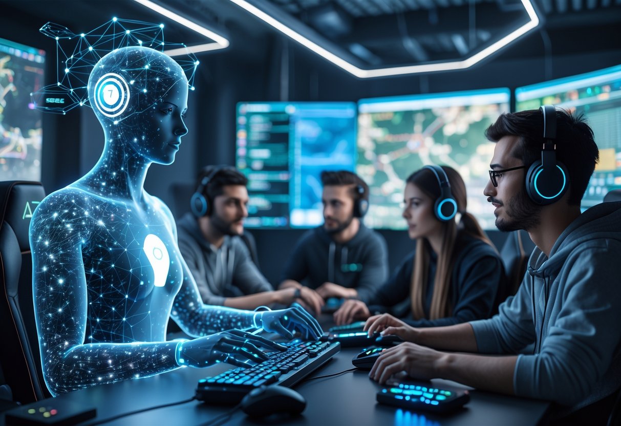 A group of gamers interacting with a glowing holographic AI assistant in a modern gaming room filled with screens showing game strategies and digital symbols representing fairness and responsibility.