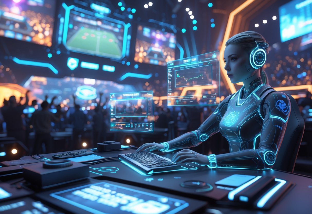 A futuristic esports arena with a humanoid AI commentator analysing live gameplay surrounded by holographic stats and player avatars, with a virtual crowd in the background.