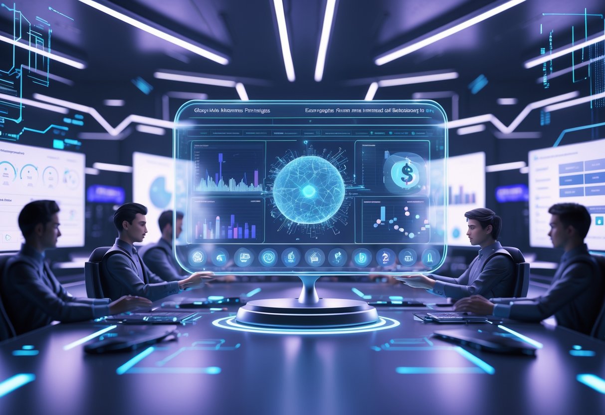 A futuristic gaming control room with holographic displays showing graphs and data, surrounded by virtual avatars interacting with the technology.