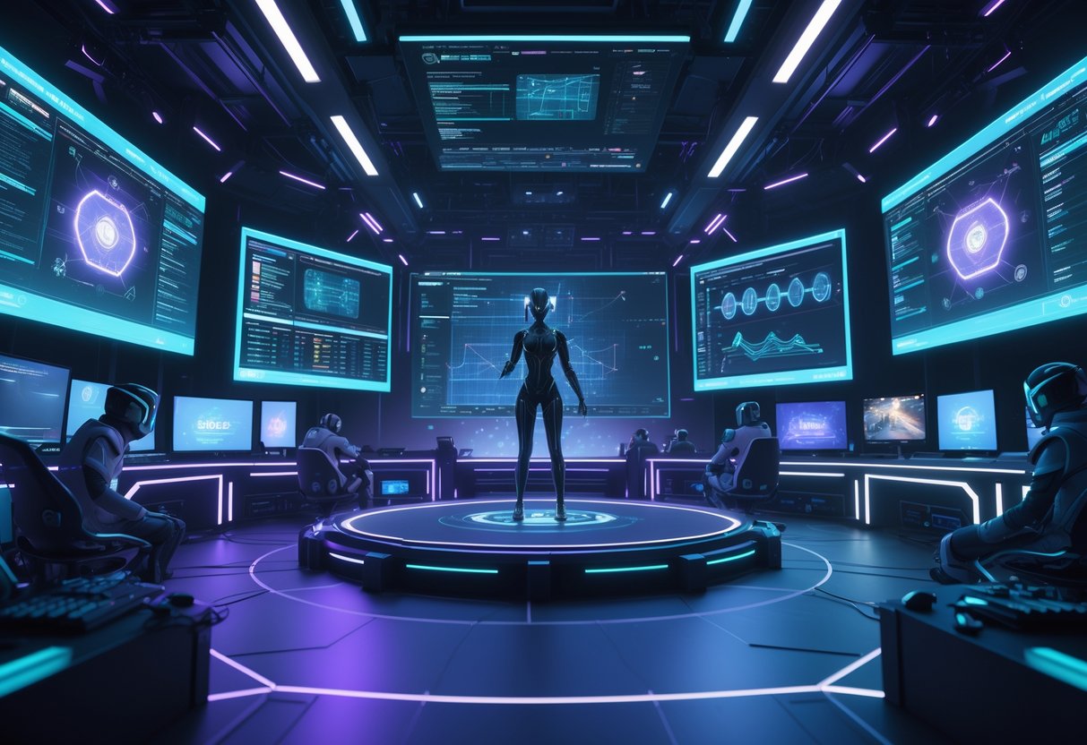 A futuristic esports arena showing an AI figure analysing gameplay data amid human players and glowing digital interfaces.