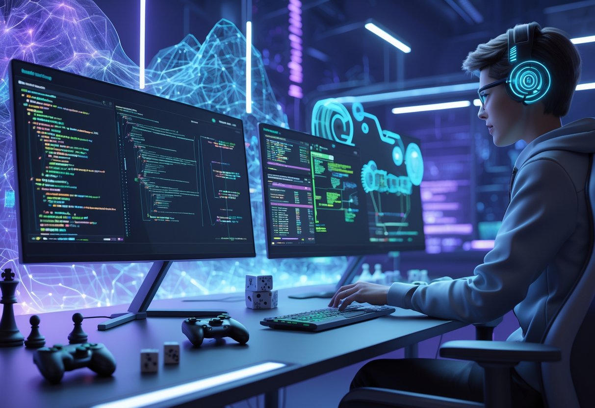 A person at a futuristic desk with holographic screens showing gaming strategies and AI data, interacting with a digital assistant in a high-tech room.