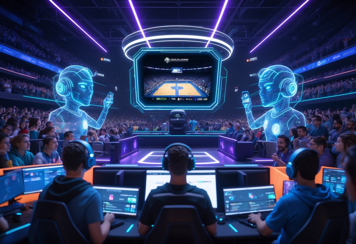 A crowded esports arena with fans watching a live game, surrounded by glowing digital AI commentator avatars and players focused at their gaming stations.
