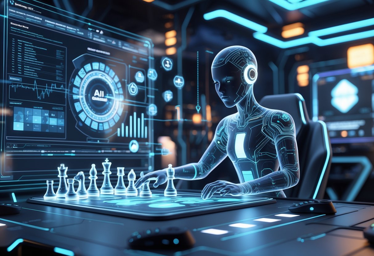 A futuristic gaming setup with a glowing digital avatar interacting with holographic game strategy elements in a high-tech environment.