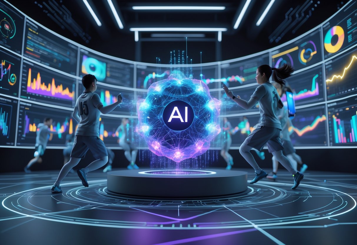 A futuristic control room showing holographic screens with sports data and glowing AI core analysing player movements.