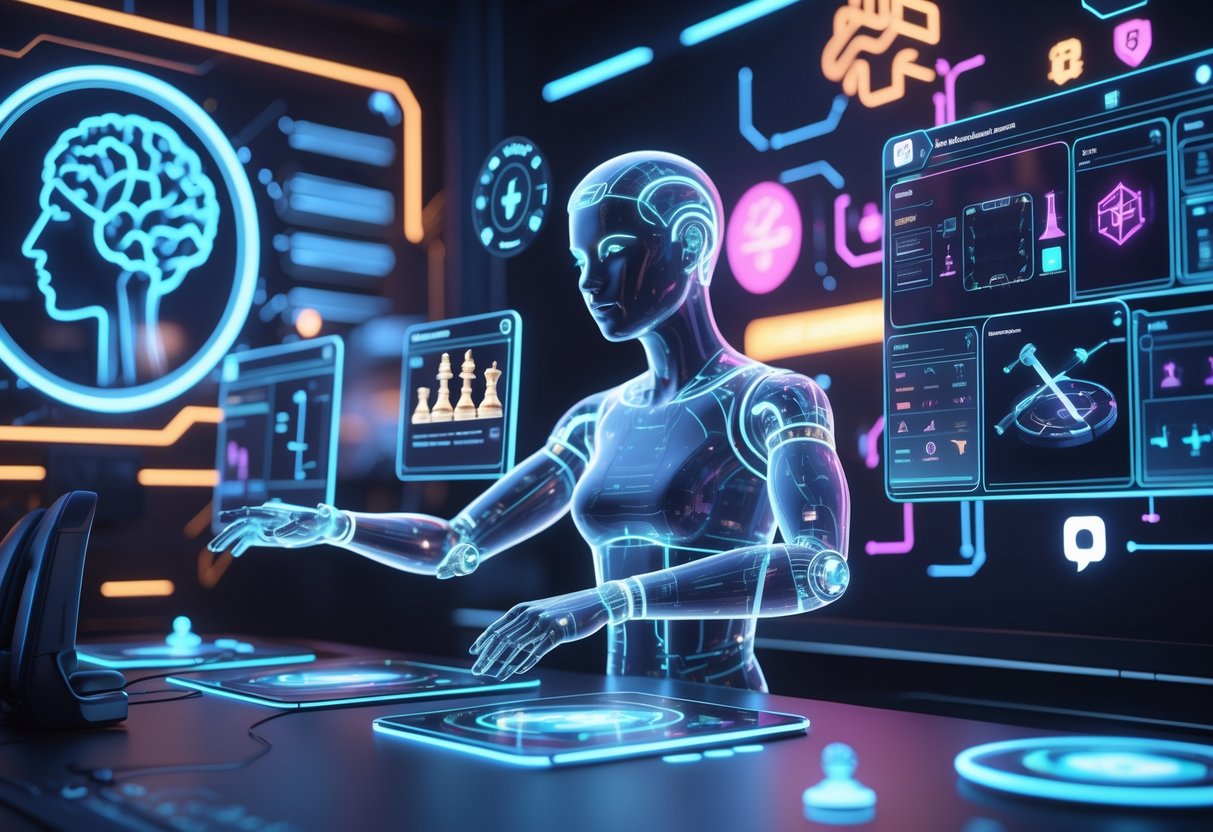 A futuristic gaming room with a glowing AI hologram surrounded by floating gaming strategy screens and digital icons.