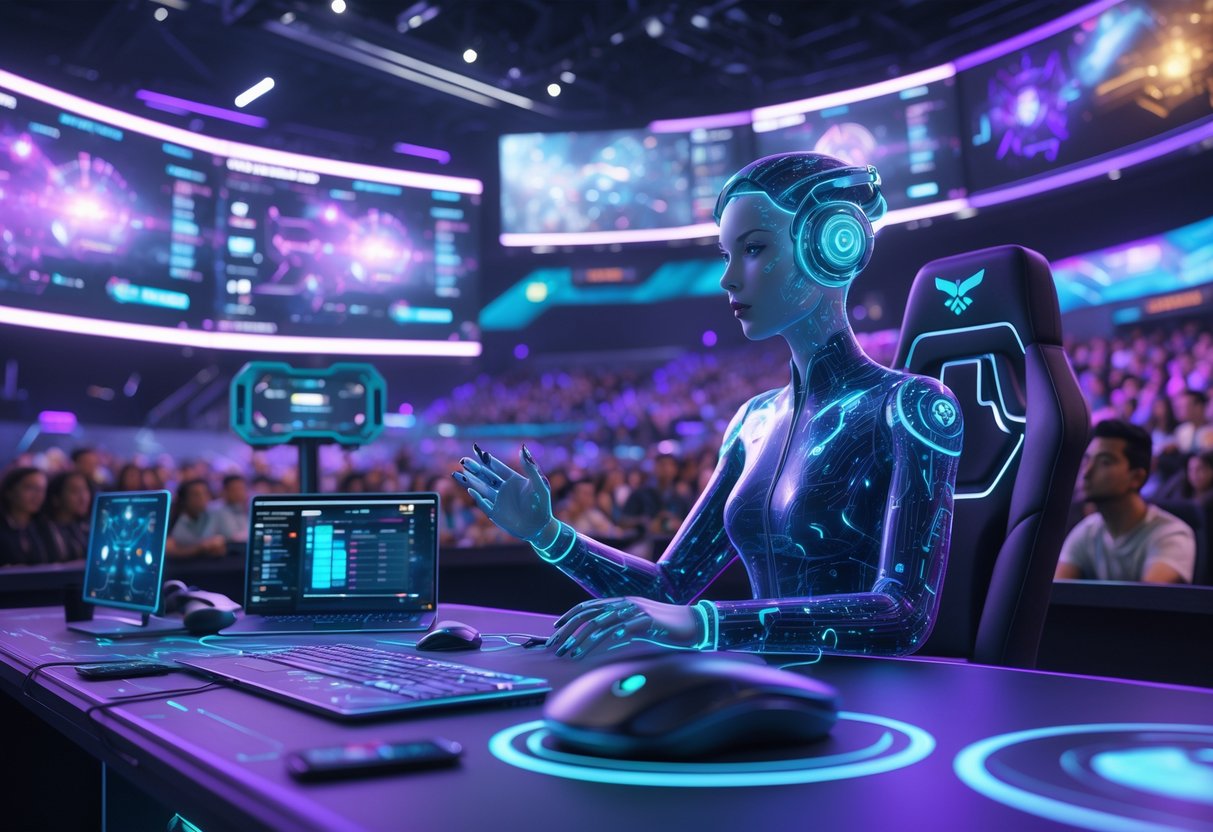 A futuristic esports arena with an AI commentator analysing live gameplay using holographic screens while a crowd watches a competitive match.