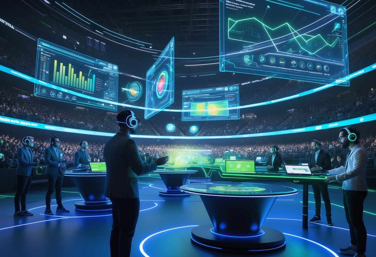 A crowded esports arena with commentators using advanced technology and holographic screens displaying game data during a live match.