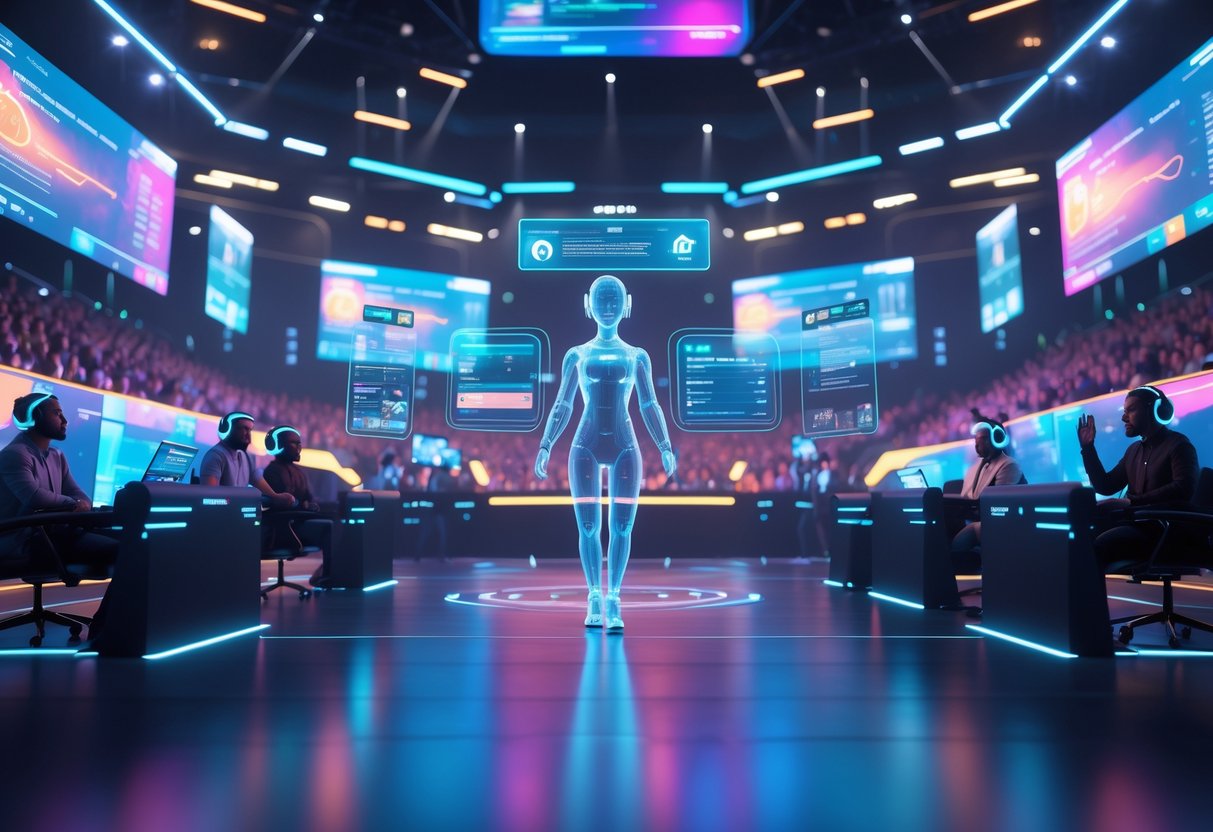 A futuristic esports arena with an AI assistant projecting interactive visuals while commentators discuss gameplay and analysis.