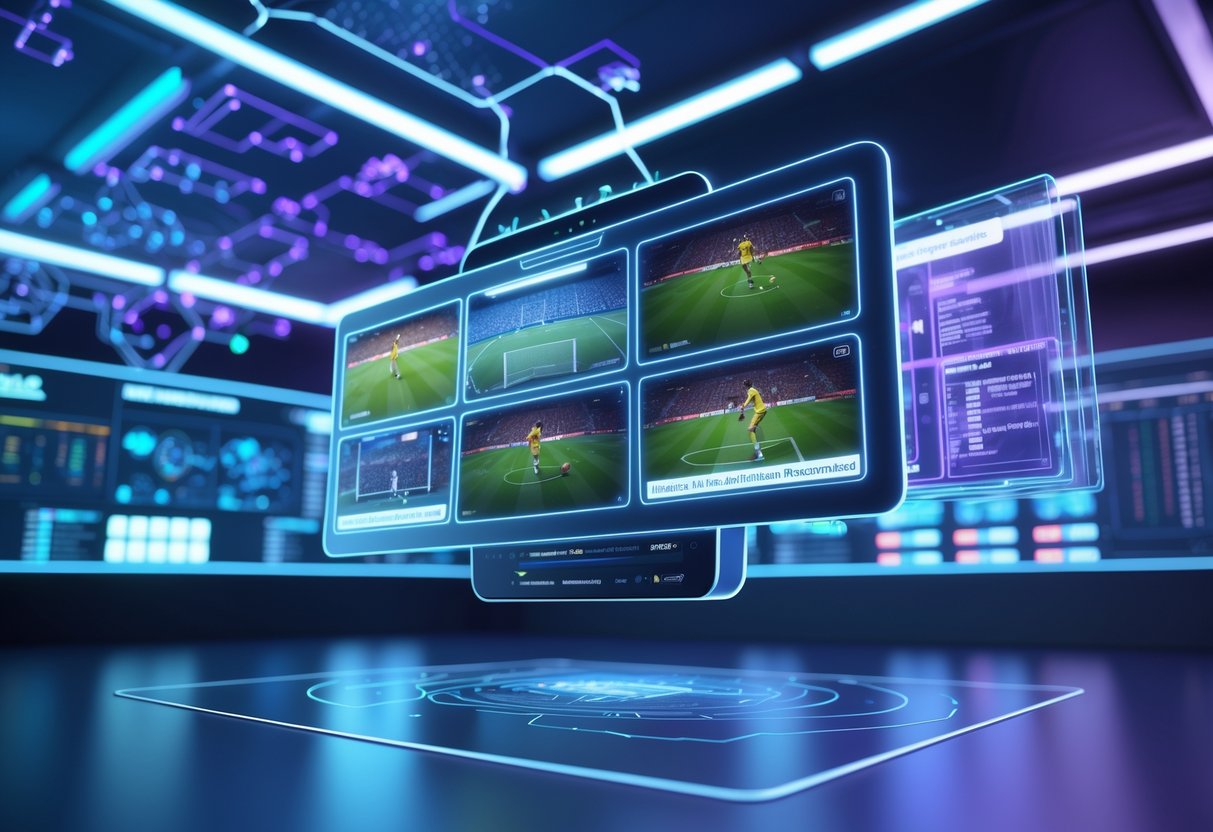 A 3D scene showing a futuristic sports replay analysis system with multiple video feeds and highlighted key moments displayed as holographic panels in a high-tech control room.