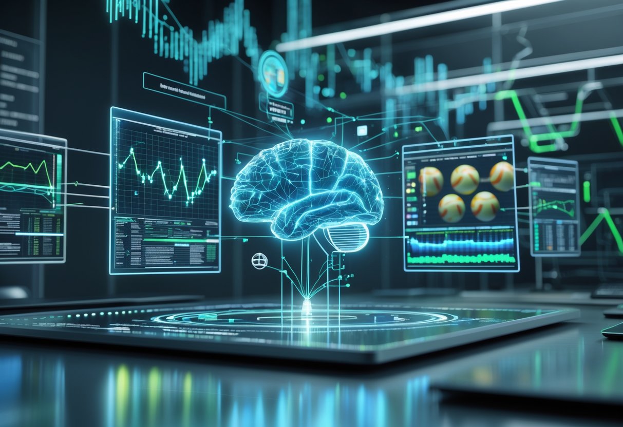 A futuristic digital workspace showing holographic screens with data visualisations and AI analysing sports replay footage.