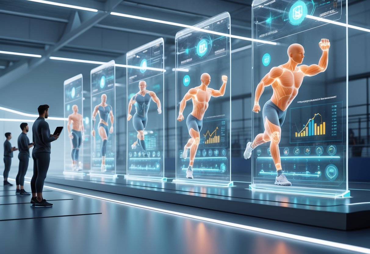 A sports training facility with holographic displays showing athletes' movements and injury risk data, with players exercising under coach supervision.