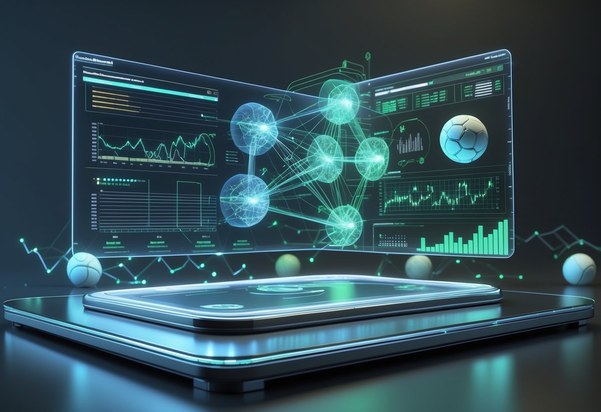 A 3D scene showing a holographic interface with glowing neural networks and data streams related to predicting sports match outcomes.