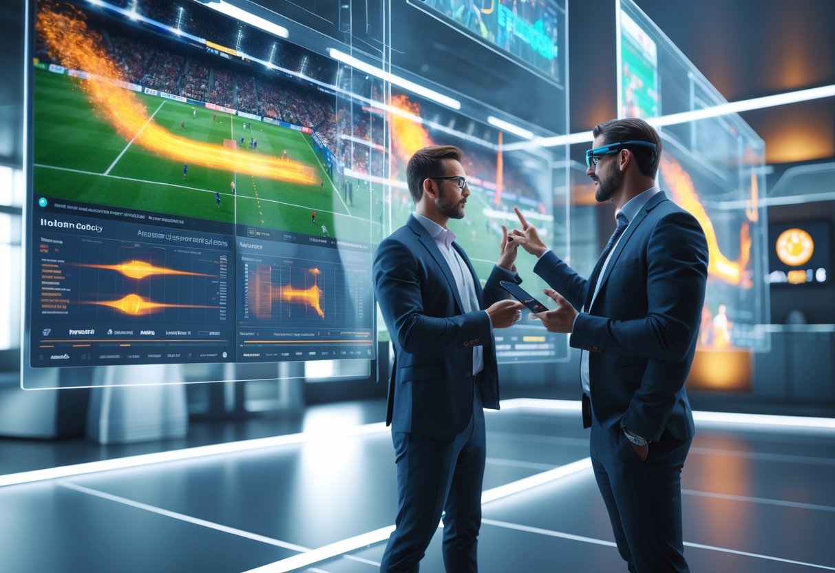 A coach and an analyst reviewing a football match replay with digital screens showing player movements and statistics in a modern sports analysis room.