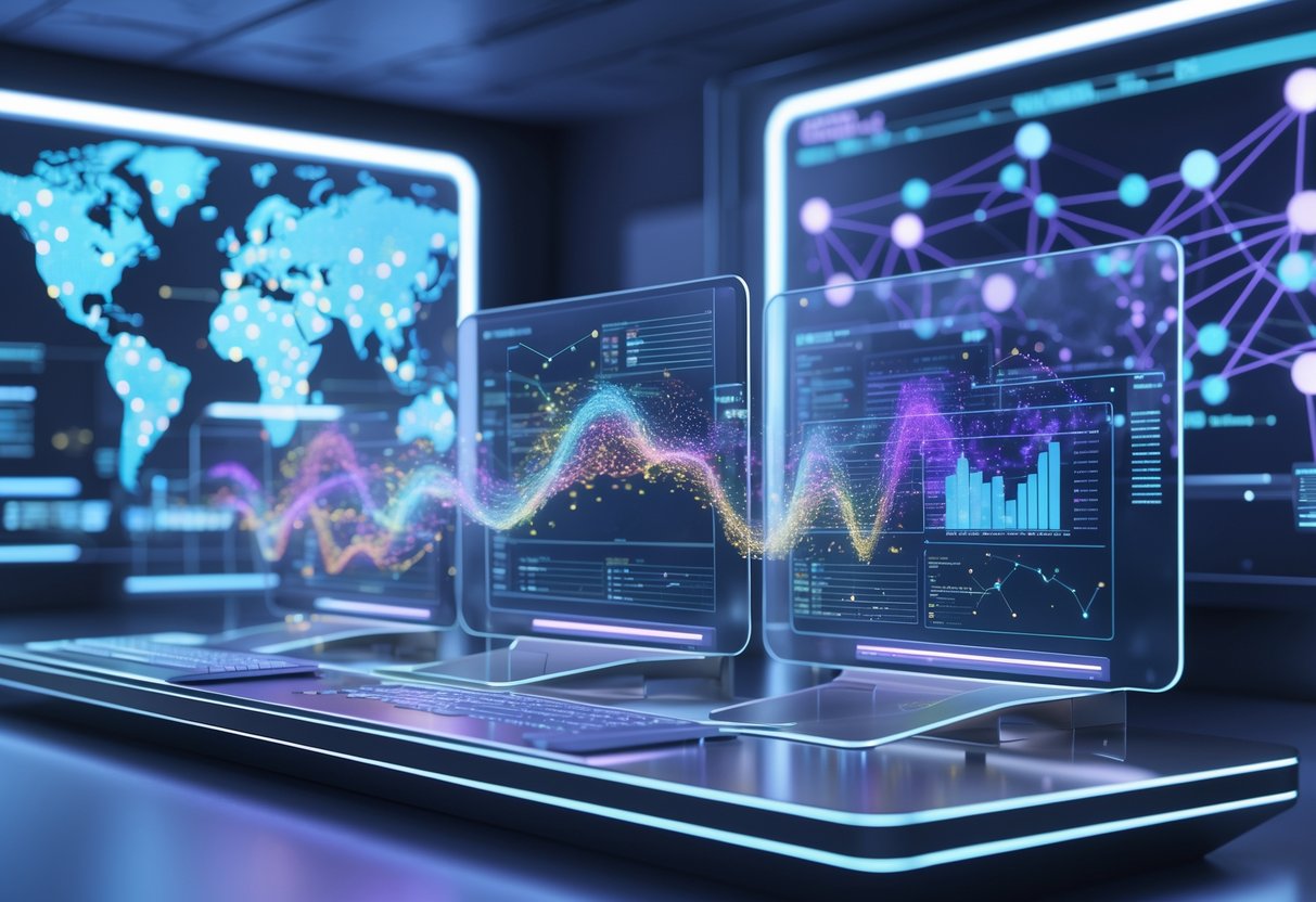 A 3D scene showing a futuristic workspace with holographic screens displaying data visualisations and a digital globe with interconnected nodes representing match prediction data sources.