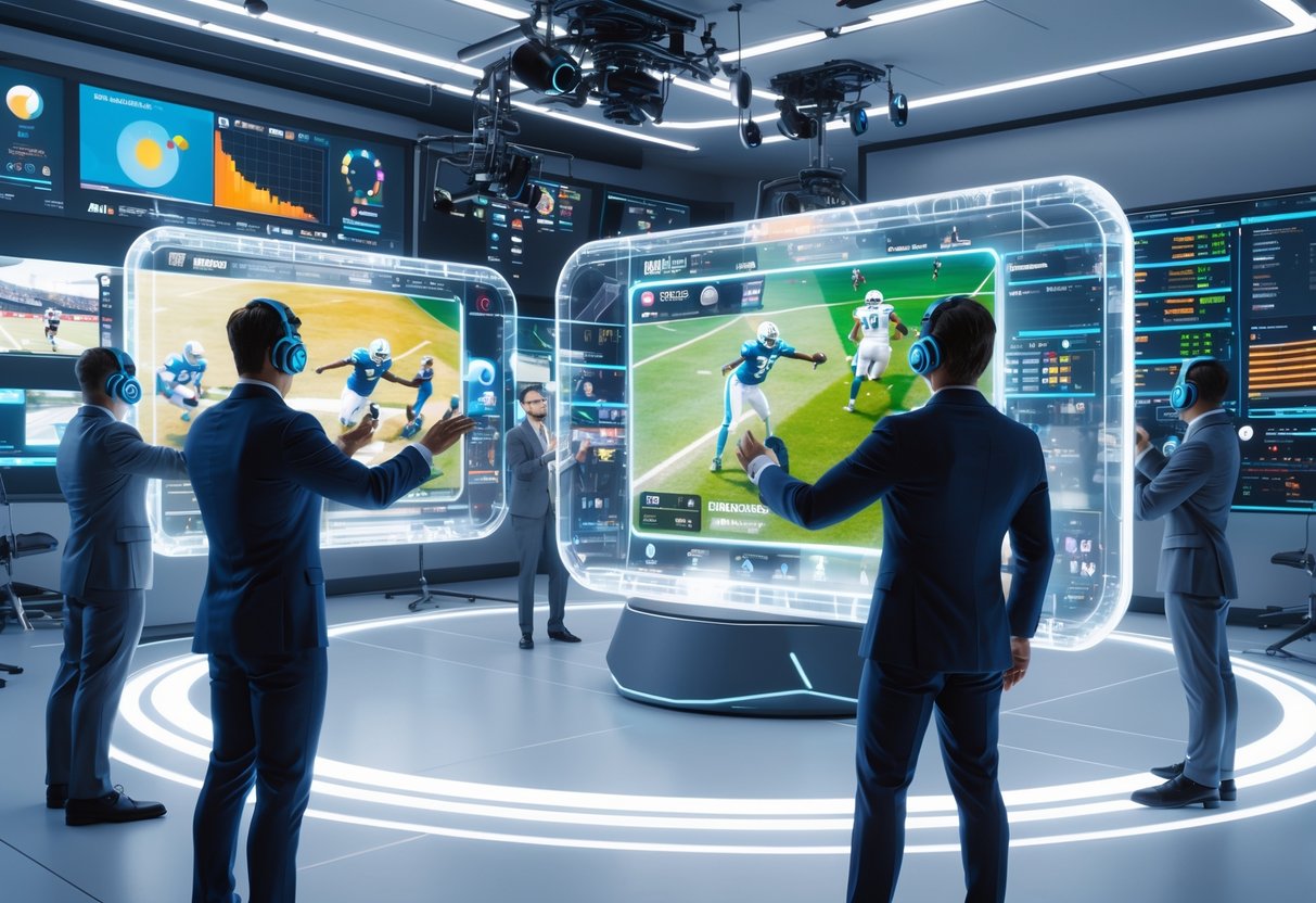 A group of broadcasters and content creators in a studio interacting with holographic screens showing sports replays and analytics, surrounded by advanced broadcasting equipment.