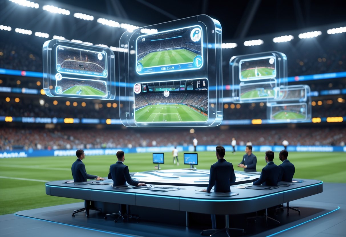 A sports stadium with referees using advanced holographic screens to review game footage and improve decision-making during a live match.