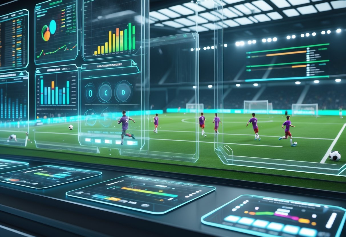 A futuristic sports analytics room with holographic screens showing player performance data and fatigue levels, alongside a digital football pitch displaying player positions and exertion.