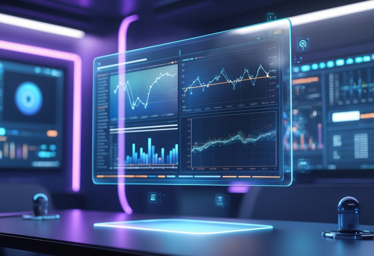 A futuristic 3D scene showing a holographic display with graphs and video frames floating above a desk in a high-tech room.