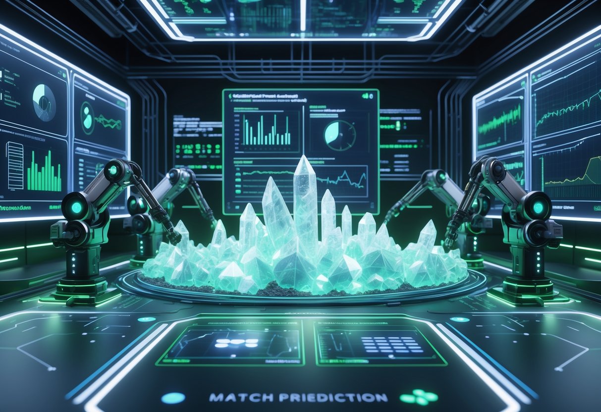 A futuristic room showing machines extracting glowing data from crystals and holographic screens displaying data and match predictions.
