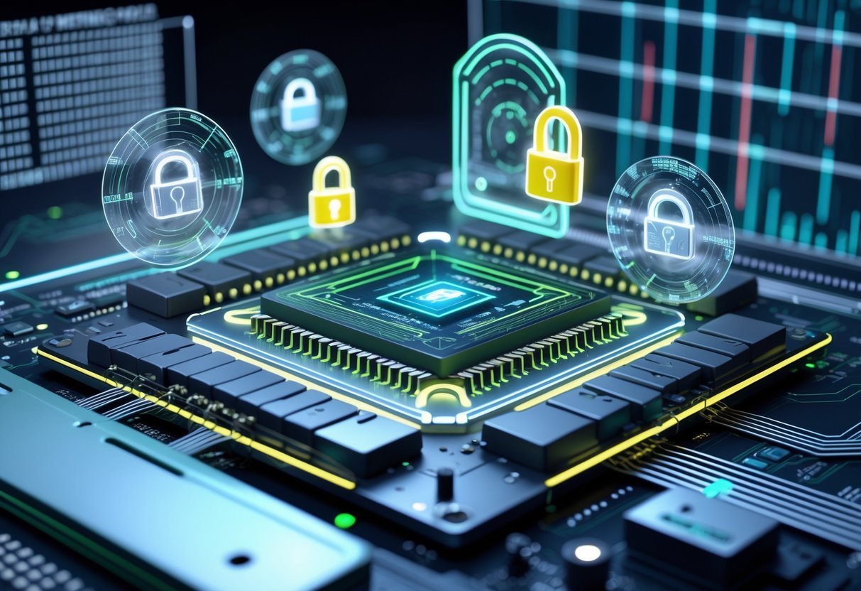 A 3D rendered scene showing a computer motherboard with glowing circuits and holographic locks representing security and hardware bans in anti-cheat systems.