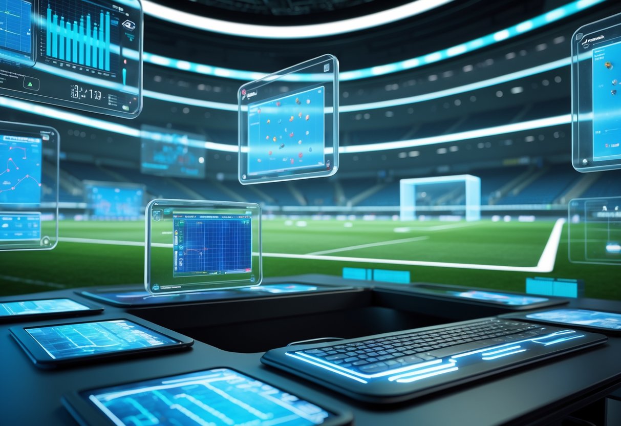A futuristic control room with holographic screens showing football match data and a 3D football pitch model with player movements.