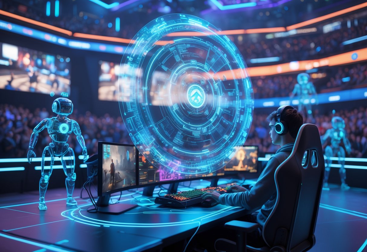 A competitive gamer protected by glowing digital circuits and AI figures in a futuristic esports arena with a crowd and large screens showing gameplay.