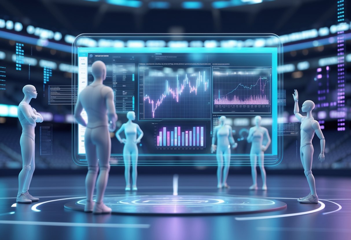 A digital sports arena with holographic data displays and AI figures analysing complex match prediction data, showing uncertainty and challenges.
