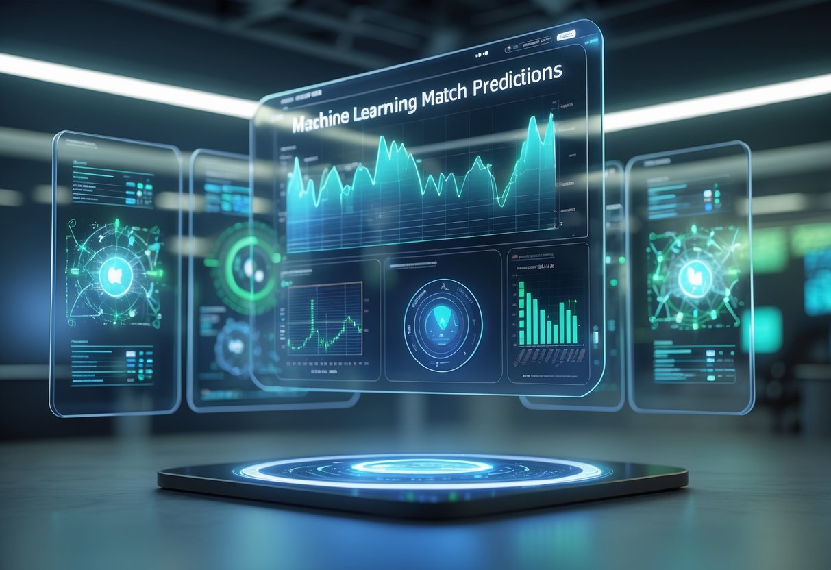 A futuristic workspace with a floating holographic screen showing charts and graphs related to match predictions, surrounded by glowing panels with algorithm diagrams.