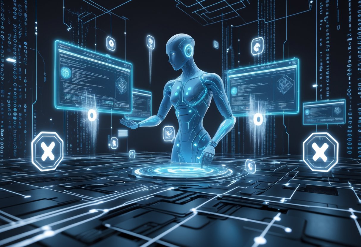 A futuristic digital scene showing an AI figure analysing holographic data streams and blocking cheat attempts in a virtual cyber defence environment.