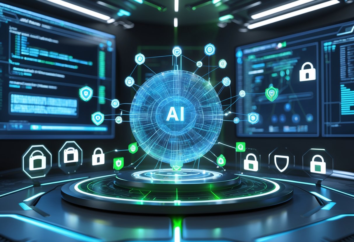 A futuristic digital control room with holographic screens showing data streams and security symbols around a glowing AI core representing anti-cheat system protection.