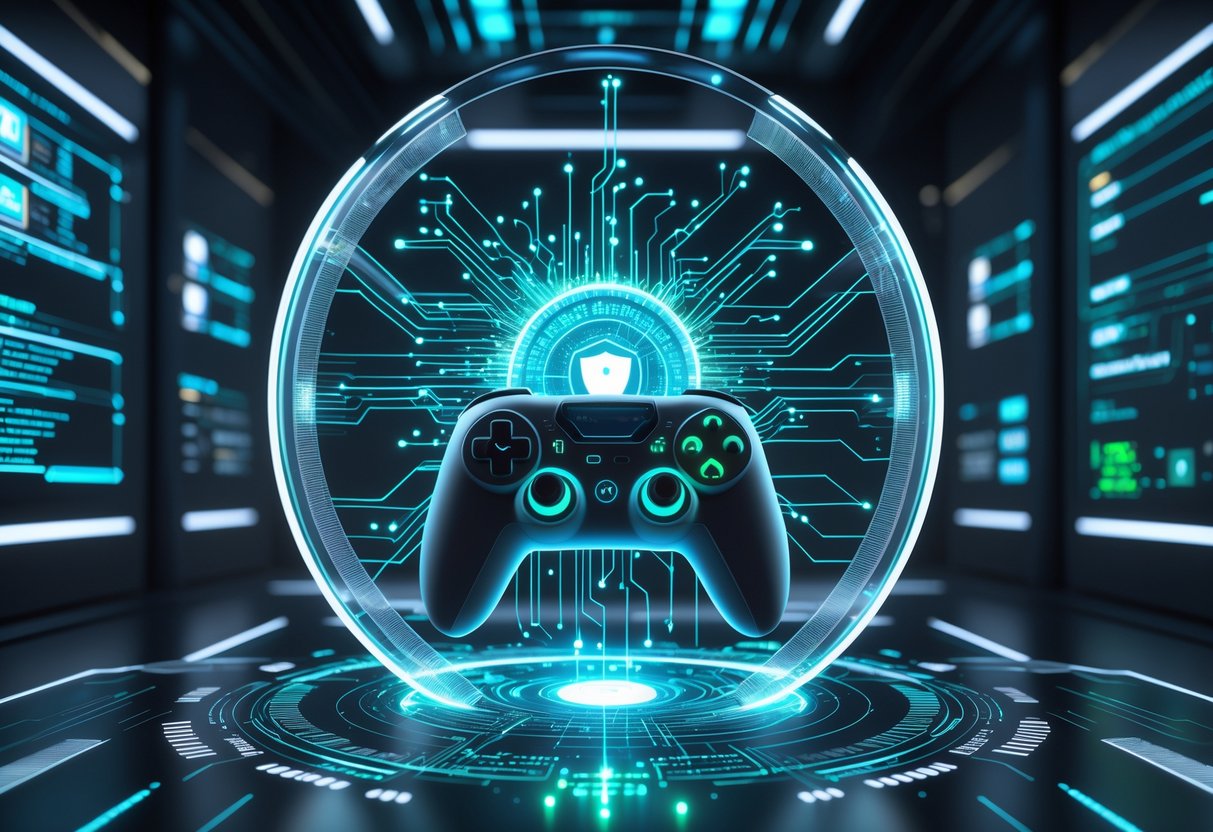 A futuristic digital shield protecting a glowing holographic game controller surrounded by circuits and neural network patterns in a high-tech control room.